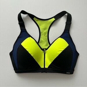 VS VSX Racerback Colorblock Black Blue Yellow Zip Front Sports Bra Wmn’s Sz 36D